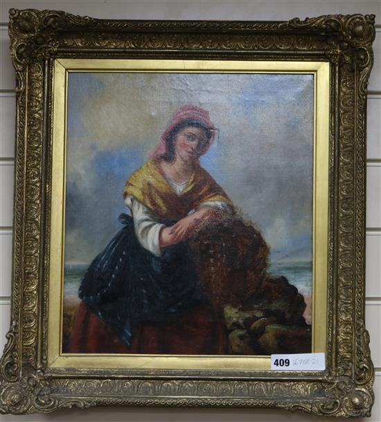 Victorian School, oil on canvas, Fisherwoman on the shore, indistinctly signed and dated 1870, 40 x 35cm